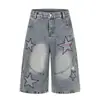 Jeans Cortos de Diseño de Estrella de Cinco Puntas para Hombre, Estilo Verano con Bordado de Parche, Shorts Rectos Sueltos Vintage Deconstruidos, Modernos
