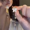 Pendientes de dos piezas con borlas de diamantes de imitación y flores de aguja de plata, elegantes pendientes de alta calidad, pendientes sencillos de estilo frío para mujer.