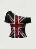 Camiseta Retro Americana Union Jack Hombros Descubiertos Estampado Desgastado Corte Ajustado Chica Atrevida Hombros al Descubierto Manga Corta Top Corto Y2K