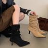 Botas de Bico Fino que Alongam as Pernas com Fivela Franzida Cinto Retrô Novas Botas Slim Salto Agulha Western 2025 Botas de Cano Curto Outono Inverno