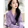 Suéter de tricô estiloso com decote em V e renda 2026, modelo novo feminino de manga longa, top cardigan de outer wear casual extremamente atraente