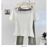 Tricô de Manga Curta com Renda em Cor Contrastante Estilo Pura Luxúria Verão Top Slimming com Fita Plissada Irregular para Mulheres