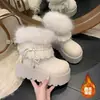 Botas de invierno nuevas de estilo 2026 para mujer, cálidas, con forro de pelo y ribete de felpa, con cordones, suela gruesa, botas de nieve, botines de algodón que aumentan la altura
