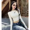 Crop top de otoño de manga larga con estampado retro americano y cuello redondo, estilo ins para mujer, corte ajustado y favorecedor