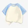 Camiseta Raglán de Manga Corta para Niños 210g Algodón Peinado Versión Lisa Manga de Cuerno Bloque de Color Top Liso