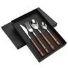 Vajilla de acero inoxidable con mango de madera de imitación transfronteriza, juego de cuchillo y tenedor portugués de cinco piezas, juego de cuchillo y tenedor para carne occidental, juego de caja de regalo con cuchara