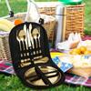 Faca Portátil, Garfo, Colher, Prato, Conjunto de Pinças para Bife, Bolsa de Louça para Piquenique Estilo Camping para Dois, Conjunto de Louça de Aço Inoxidável para Exterior