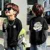 Camiseta Infantil de Manga Longa para Meninos 2026 Novo Estilo Moda Top Infantil Menino Gola Redonda Falso Duas Peças Roupas 100% Algodão