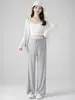 Calça de tricô lisa para maternidade com acabamento em renda, cós com cordão, alta elasticidade, solta e com bom caimento, adequada para sair durante a gravidez, calça pantalona