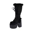 Botas de Nieve de Invierno Estilo Lolita Gótico Europeo y Americano con Plataforma Impermeable, Tacones Altos, Zapatos de Gamuza para Mujer, Botas Altas Calientes con Tacones Súper Altos