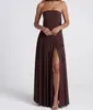 Moda Feminina Transfronteiriça Europeia e Americana 2026 Vestido Longo Liso Sem Alças com Fenda Alta, Elegante e Sexy Sem Costas