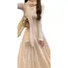 Vestido longo estilo francês, vestido de renda patchwork, saia ampla, efeito emagrecedor, conjunto de camisola, acompanha lenço e jaqueta, poliéster