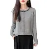 Cardigan de Punto a Rayas Retro Francés Cuello Redondo para Mujer Primavera Otoño Nuevo Manga Larga Camisa Base Suéter de Punto Fino Chaqueta Top