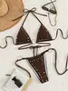 Bikini de Moda de Verano de Color Sólido Brillante Adornado con Diamantes con Espalda Descubierta de Atar y Laterales de Atar Braguitas de Triángulo Sexy