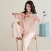 Pijama de Algodón Puro Manga Corta Pantalón Largo Mujer 100% Todo Algodón Manga Corta Pantalón Largo Cárdigan con Solapa Transmisión en Vivo Tallas Grandes Ropa de Casa para Mujer