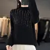 Indústria Pesada Strass Hot-fix Tamanho Plus Camada Base Top Suéter Feminino 2026 Outono/Inverno Nova Chegada Ajuste Solto Gola Meia-Alta Tricô Top Feminino