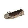 Sapatos Planos Femininos Estilo Coreano Xadrez Laço Fofo Ballet Swing 2026 Verão Bico Redondo Salto Baixo Boca Rasa Slip-on