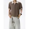Camiseta Masculina de Verão Tendência Estilo Americano Cor de Café Manga Curta Color Block Gola Seagull Casual Meia-Manga Camisa Polo
