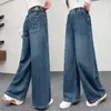 Jeans de pierna ancha para niñas, colección primavera/otoño 2026, estilo nuevo para niñas mayores, pantalones de pierna recta, corte holgado, pantalones largos de otoño para niñas