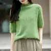 Tricô de lã sem costura com gola alta discreta e forro de fleece para mulheres, suéter de manga três-quartos para início de outono, camiseta de manga curta, top para usar por baixo