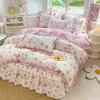 Juego de Falda de Cama Estilo Princesa Coreana de Cuatro Piezas Sábana 100% Algodón Puro Funda Nórdica Juego de Tres Piezas para Dormitorio Ropa de Cama 4