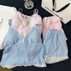Pijama camisola azul a rayas dulces estilo coreano para mujer, nuevo conjunto de dos piezas para casa de verano con camisola de encaje y shorts