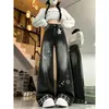 Jeans Preto Retrô Americano Feminino Outono Novo Estampa de Desenho Xadrez Design de Lapela Calça de Perna Larga Solta
