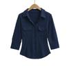 T308-25 Primavera Novo Estilo Americano Estilo Desejo Puro Peito Bolso Duplo Manga Sete Pontos Irregular Elegante Casual Camisa