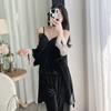 Pijama de Terciopelo para Mujer, Estilo Otoño e Invierno, Estilo Puro y Sedoso, Camisola, Pantalón Largo, Bata Juego de Tres Piezas con Almohadillas en el Pecho, Ropa de Casa de Alta Gama