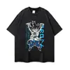 Camiseta Negra Desgastada Algodón Puro Oversize Anime Japonés Estilo Callejero Unisex Casual Cuello Redondo Manga Corta Transfronterizo
