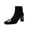 Botas curtas europeias e americanas de salto grosso, bico quadrado, fivela de metal, zíper traseiro, salto alto, botas finas, retrô, foscas, salto alto