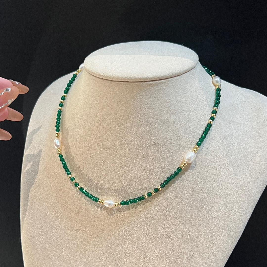 复古小众绿水晶天然淡水珍珠项链女轻奢简约气质圆珠锁