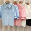 2025 Novo Agasalho Estilo Francês Top Tricotado Patchwork Chiffon com Design Único, Mangas Curtas, Caimento Slim e Mangas Bufantes