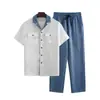 Traje Casual de Dos Piezas para Hombre Transfronterizo Conjunto de Verano Camisa de Manga Corta y Pantalones Largos con Diseño de Cordón Venta al por Mayor