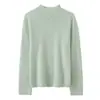 Camisa base de malha 100% caxemira pura para outono e inverno, com gola semi-alta, bordas enroladas e suéter pullover com bordado manual