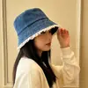 Chapéu de Pescador Jeans com Renda Estilo Coreano para Mulheres, Chapéu Bucket Versátil para Primavera e Verão que Faz o Rosto Parecer Menor, Chapéu de Proteção Solar para um Look Natural