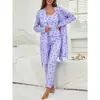 Venta Caliente Transfronteriza Europea y Americana Ropa de Casa Camisola con Estampado de Cereza Pijama para Mujer Se Puede Usar Afuera Bata Conjunto de Tres Piezas Venta al por Mayor