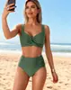 Traje de baño de dos piezas transfronterizo, Bikini de color liso de cintura alta, Vacaciones en la playa, Comercio exterior europeo y americano, Mujeres de talla grande, Talla grande, Super reductor