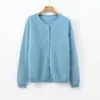 Suéter de lana forrado de polar liso para otoño e invierno, suéter de cachemira para mujer, cárdigan de cuello redondo, prenda exterior casual de punto sin costuras
