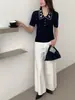 Camisa tipo polo de punto ajustada, hecha a mano con ganchillo floral resistente, estilo vintage francés, top fresco de manga corta para mujer