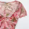 Moda Femenina de Comercio Exterior Transfronterizo Europeo y Americano Estilo Nuevo Estilo Callejero Teñido Estética Encaje Cuello en V Profundo Atado Camiseta de Verano Ajustada