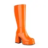 Botas Longas Femininas de Couro Patent com Bico Quadrado, Solado Grosso, Salto Bloco, Salto Super Alto, Zíper Lateral, Botas de Cano Alto, Botas de Equitação, Botas Femininas de Cano Alto Estilo Martin