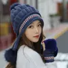 Gorro de Invierno para Mujer con Forro de Lana de Conejo, Gorro de Punto Cálido de Lana, Gorro de Moda Engrosado con Pompones y Protección para las Orejas, Boina