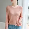 Suéter de punto de terciopelo y lana casual estilo francés para mujer, cuello redondo, diseño calado, manga larga, corte holgado, adelgazante, blanco