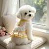 Vestido Princesa Pet Xadrez Limão com Renda e Acabamento de Pérolas com Argola para Guia Ursinho de Pelúcia Cachorro Pequeno Roupa para Exterior