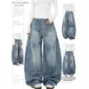 Jeans Retrô Americano Lavado com Textura de Bambu, Desconstruído, Formato de Cimitarra, para Mulheres, Calça Nova Solta Reta de Perna Larga até o Chão para Primavera e Outono