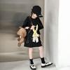 Saia T Longa para Meninas Médias e Grandes Vestido de Verão 2025 Celebridade da Internet Novo Estilo Camiseta Infantil de Manga Curta de Desenho Animado da Moda Vestido Infantil
