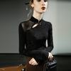 Top Guofeng Preto Outono e Inverno Nova Chegada Costura Malha Manga Longa Elegante Base Slim Fit Senso de Design Pequeno Público Novo Estilo Chinês