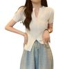 Hollow malha V-neck ombro manga curta malha suéter feminino verão estilo chinês camisa bonita emagrecimento top irregular