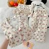Pijama de manga curta com laço de amor doce vento para mulheres, verão novo, fofa, roupa de casa, conjunto de três peças, foto real, atacado